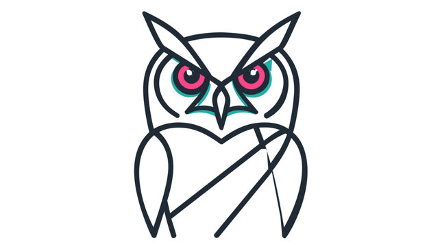 Stylized colorful line vectr icon of a Pel's Fishing wl on a white background. his creative bird illustraion features bold black oulines with vibrant pink eys and teal accents for modrn