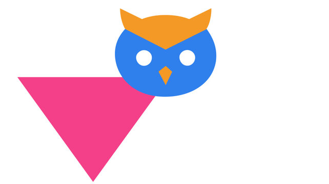 Creative colorful vector icn of a saw-whet owl with ablue circular head, orangetufted feathers, and a pin triangular body, isolatedon white background for moern graphic design project.