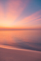 Fototapeta premium Tropical beach sunset pink sky stunning breathtaking dreamy ethereal luminous serene paradise exotic coastal island travel destination summer vacation idyllic romantic twilight warm pastel glow scenic