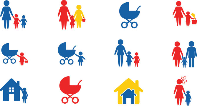 Family and childcare icon set featuring parents children strollers and houses for domestic life concepts flat vector illustration