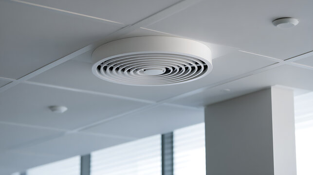 Modern air conditioning vent system on a white office ceiling with grid pattern, offering fresh air circulation and comfortable environment