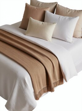 Neutral toned bed runner draped over crisp white bedding. Pillows in beige and tan hues add depth. Subtle fringe detail on textured fabric enhances cozy aesthetic. Perfect for home decor.