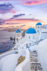 Dream Europe summer destination. Traveling tourism, sunset scenic famous landscape of Santorini...
