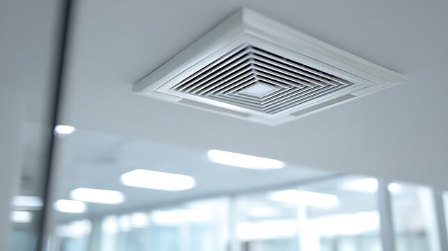 Modern air conditioning vent system install on white ceiling with soft light background, contemporary office interior climate control technology