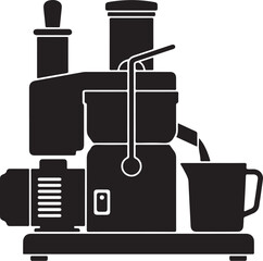 Fototapeta premium Industrial juice extractor icon, centrifugal juicer machine vector, commercial kitchen appliance silhouette, black and white fruit extractor tool, healthy drink maker illustration, juice bar equipment