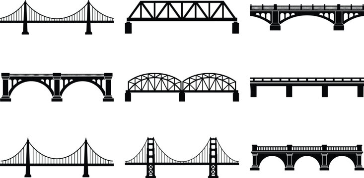 Black and white of various bridge structures and trusses arch bridge suspension bridge