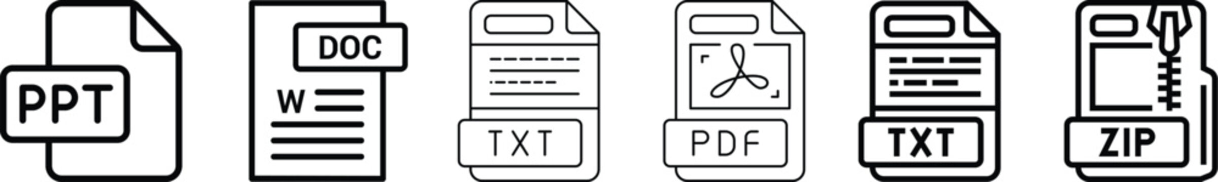 Document file format vector icons set featuring ppt doc pdf and txt types for digital data storage download and office paperwork management