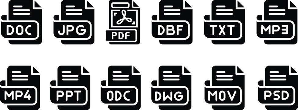 Document file format vector icons set featuring ppt doc pdf and txt types for digital data storage download and office paperwork management