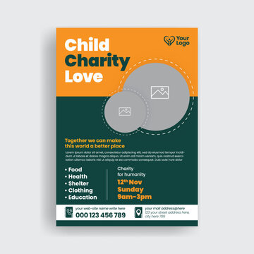 Modern child welfare and charity event flyer poster template for nonprofit foundations seeking volunteers or public donations for youth support education and social community humanitarian aid projects