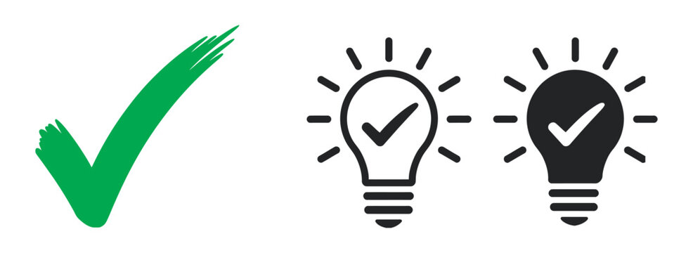 Success concept, checkmark with two lightbulb icons representing ideas and solutions, creative innovation and problem solving illustration design