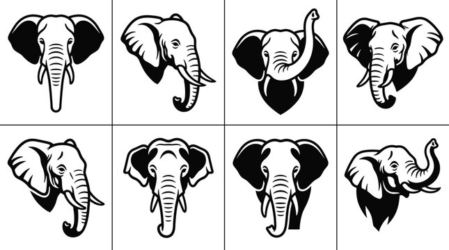 Set of eight black and white elephant head featuring different angles and trunk positions for wildlife, safari, and animal themed projects