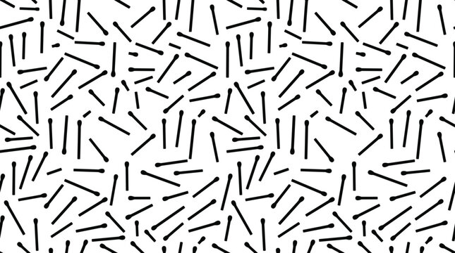 Seamless pattern of scattered black matchsticks on a plain white background