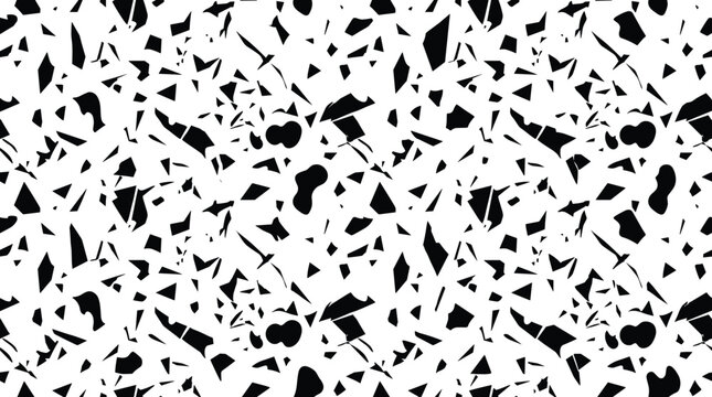 Seamless pattern with scattered black geometric shards and angular fragments on a white background