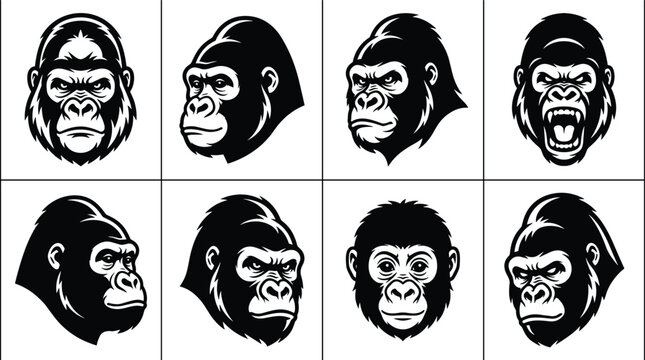 Set of eight black and white gorilla head featuring various expressions and angles, including front-facing, profile, and roaring poses for bold projects