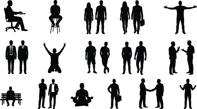Black silhouette of people performing various yoga poses and exercises black silhouettes desi