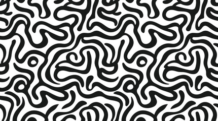 Fototapeta premium Seamless pattern of black wavy intertwined lines and organic curvy shapes on a white background, for textile