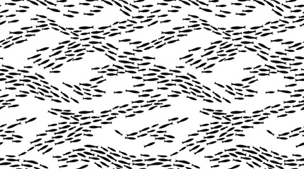 Seamless pattern of small black fish silhouettes arranged in wavy schools on a white background, for marine themed decor