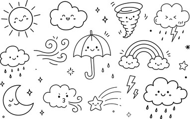 Obraz premium Cute Weather Doodle Icons Set Vector Illustration for Kids