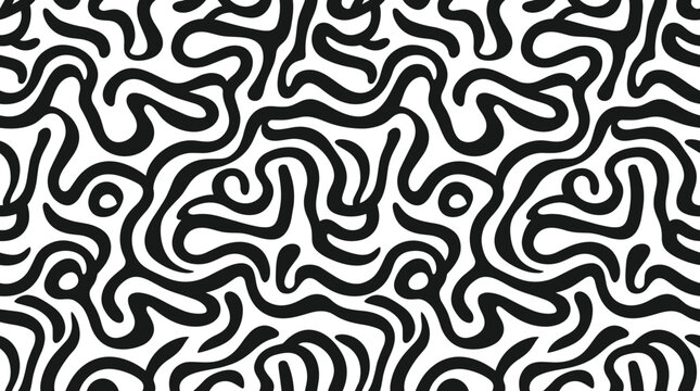 Seamless pattern of black wavy intertwined lines and organic curvy shapes on a white background, for textile