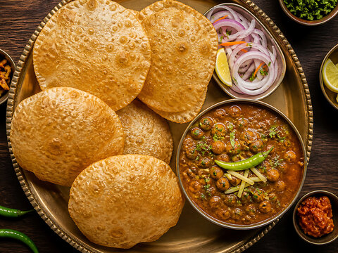 Traditional Bangali food fried luchi served with spicy chickpea curry