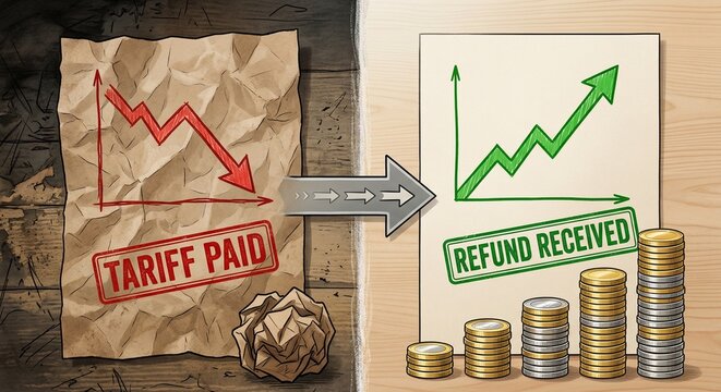 Conceptual image illustrating the transition from reduced tariff payments to increased refund receipts, with visual elements on a textured wooden background.