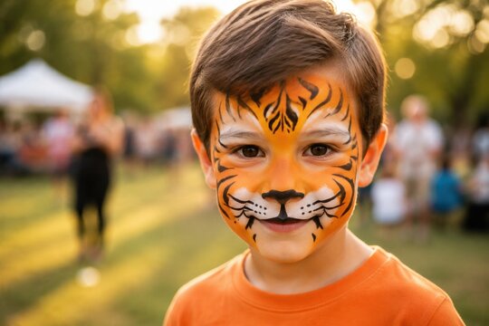 A young boy with detailed tiger face paint smiling at the camera. The setting is a sunny outdoor festival with a joyful and playful atmosphere. Perfect for children's events and family themes.