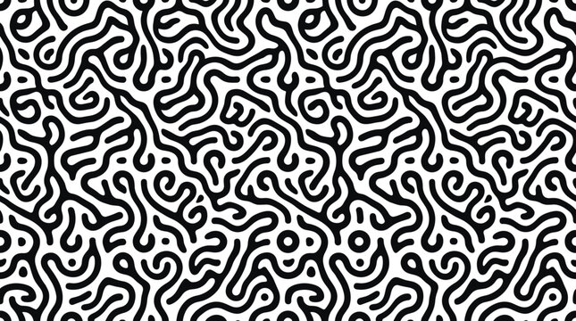 Seamless pattern of intricate black maze like lines and organic branching shapes on a white background, for surface