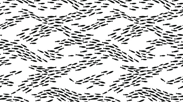Seamless pattern of small black fish silhouettes arranged in wavy schools on a white background, for marine themed decor
