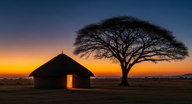 Minimalist rondavel hut stands under wide acacia tree on flat african savanna at sunset featuring clear orange horizon and deep blue twilight sky in peaceful vast wilderness setting.