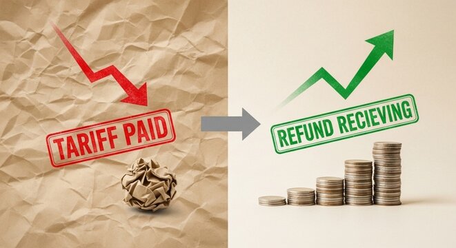 Conceptual image depicting a decrease in tariff paid resulting in an increase of refund received, displayed on a textured light brown background.