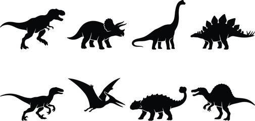 Collection of black dinosaur silhouettes including tyrannosaurus rex, triceratops, brachiosaurus, stegosaurus, raptor, pterodactyl, ankylosaurus, and spinosaurus on a white © Sifat