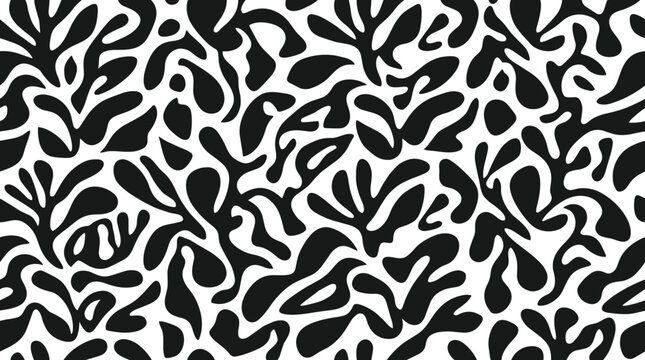Seamless repeating pattern of abstract black leafy organic shapes on a plain white background