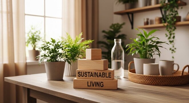 Stack of wooden blocks spelling sustainable living with plants and natural decor in cozy home interior scene.