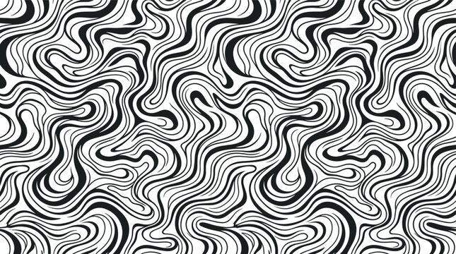 Seamless pattern of wavy black lines and liquid marbling effect on a white background