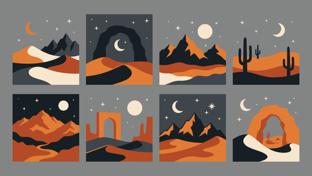 Collection of eight square landscape featuring desert scenes, mountains, cacti, and arches under night skies with moons and stars in a minimalist flat style