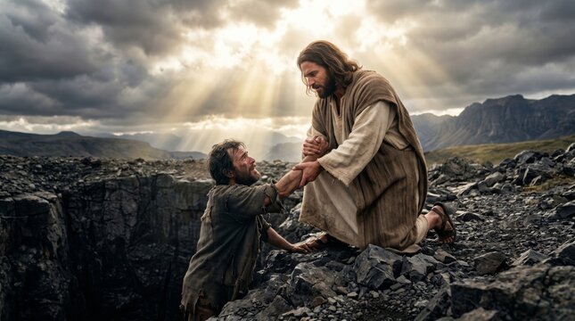 Jesus pulling man from edge of cliff. Biblical scene of savior offering help to sinner. Spiritual concept of salvation, rescue, forgiveness, divine grace, faith and hope religion.