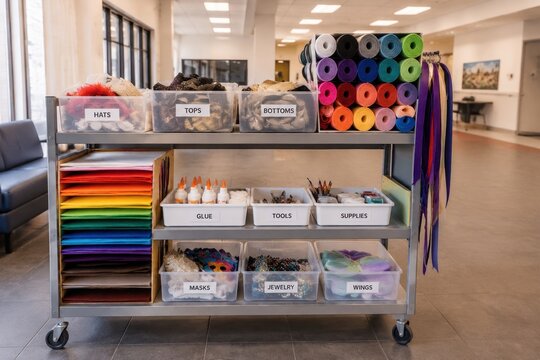 A mobile metal cart holds various craft and costume supplies in labeled bins. The arrangement is highly organized and colorful. Ideal for educational settings or creative workshops.