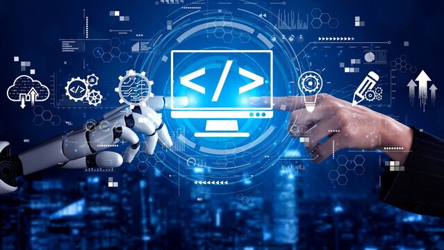 Modern web development concept featuring coding symbols, web development process, web development interface, and web development tools with futuristic design. Muxer