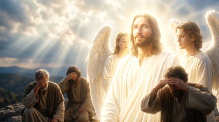 Obraz premium Jesus standing with angel before mourning man. Transfiguration scene with divine light shining from heaven. Religious biblical concept for Easter celebration and spiritual belief.