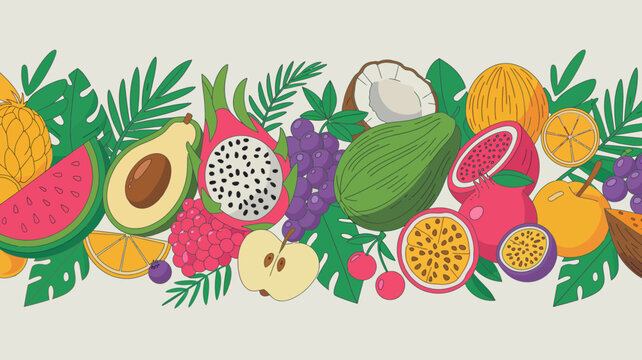 tropical fruit border illustration with palm leaves and sliced fruit