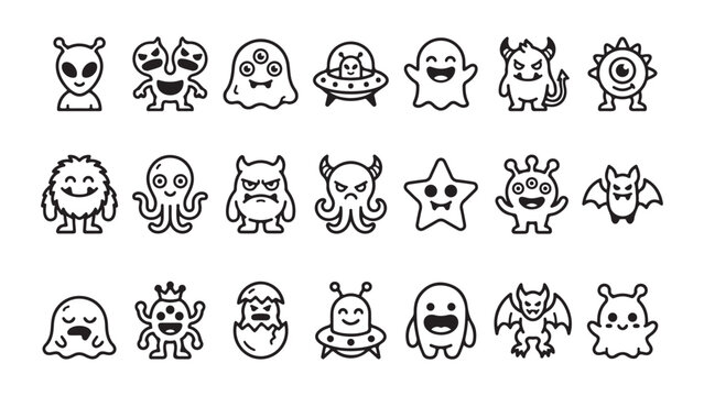 Cute Cartoon Monster and Alien Character Line Art Icon Set