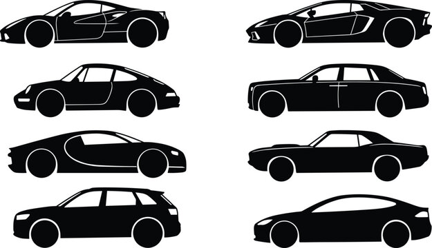 Set of eight black silhouette of various car models including sports cars, sedans, and su vs isolated on a white background, for automotive