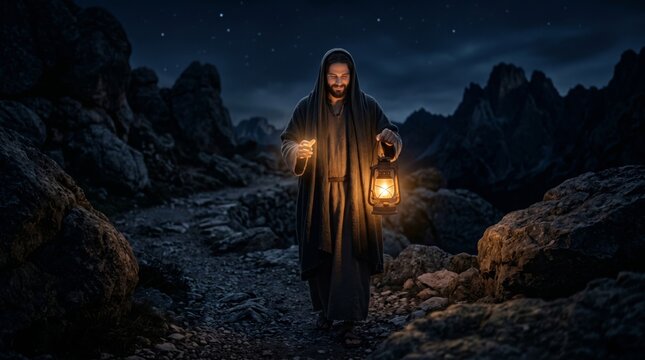 Man dressed as Jesus walking on path at night holding lantern. Religious figure exploring rocky terrain under starry sky. Spiritual journey and divine light concept in dark landscape.