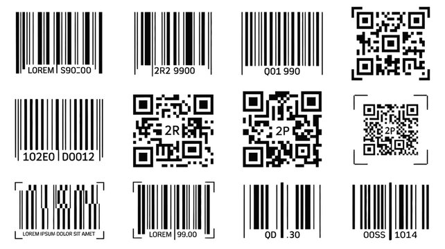 barcode collection with various code types and data white background