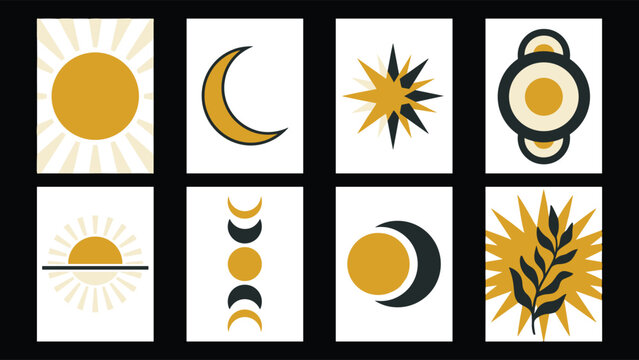 Set of eight minimalist celestial featuring sun, moon phases, stars, and botanical in mustard yellow and charcoal gray colors on a white background
