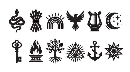 Mystical occult symbols and esoteric icons set, 12 black vector alchemy elements, celestial astrology and spiritual magic signs for branding © Rosie