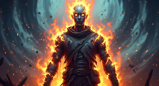 A blazing humanoid figure in dark armor with flaming aura