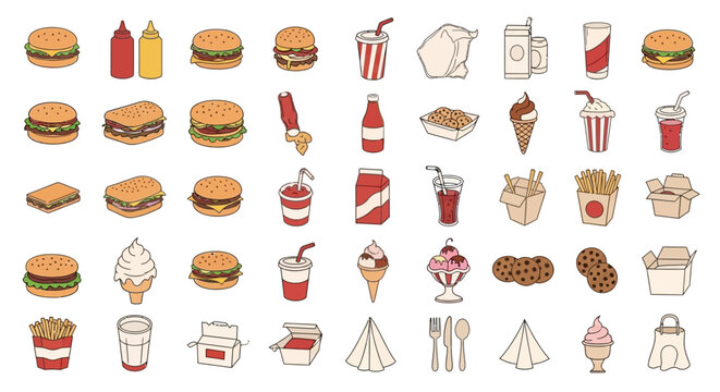 Colorful fast food icons on white.