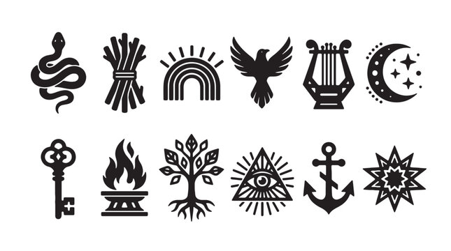 Mystical occult symbols and esoteric icons set, 12 black vector alchemy elements, celestial astrology and spiritual magic signs for branding