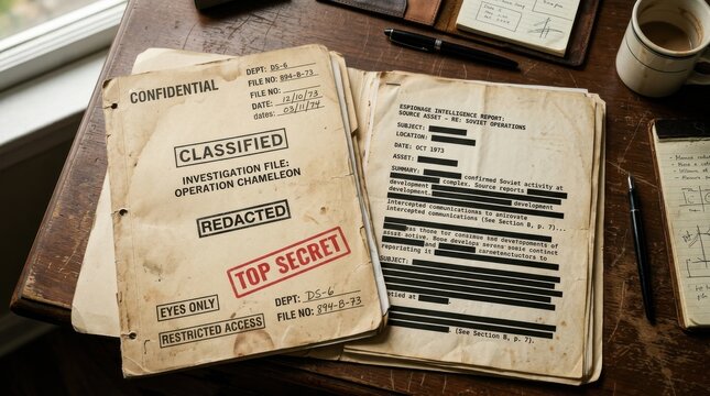 Classified redacted document file on a desk with secret stamps and worn texture. This investigation paperwork features a folder